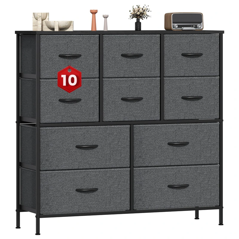GoaHi Chest of Drawers, Large Dressers with Metal Frame and MDF Wooden Top Board, Adjustable Feet, Anti-Tip Safety, Storage Unit with 10 Drawers for Bedroom, Living Room, Closet, Office Deep Gray