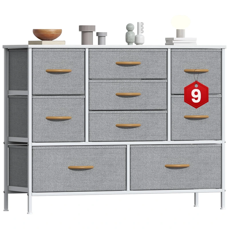 GoaHi Chest of Drawers, Large Dressers with Metal Frame and MDF Wooden Top Board, Adjustable Feet, Anti-Tip Safety, Storage Unit with 9 Drawers for Bedroom, Living Room, Closet, Office Light Gray