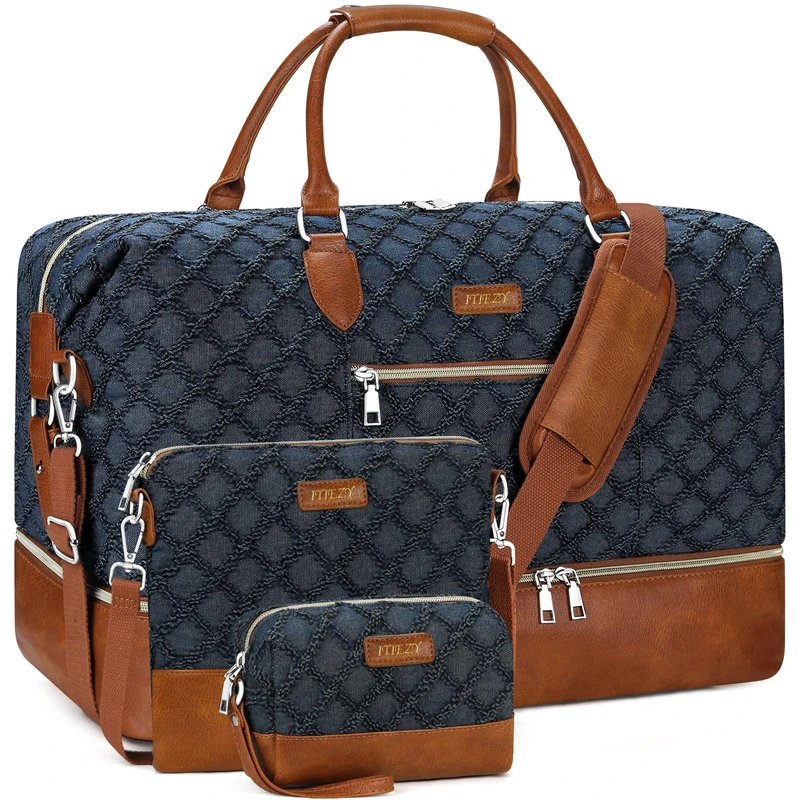 Weekender Bag for Women, Travel Duffel Bag Carry On Overnight Bag with Shoe Compartment Large Nylon Travel Weekend Tote Bag, 8a-Dark Blue, L