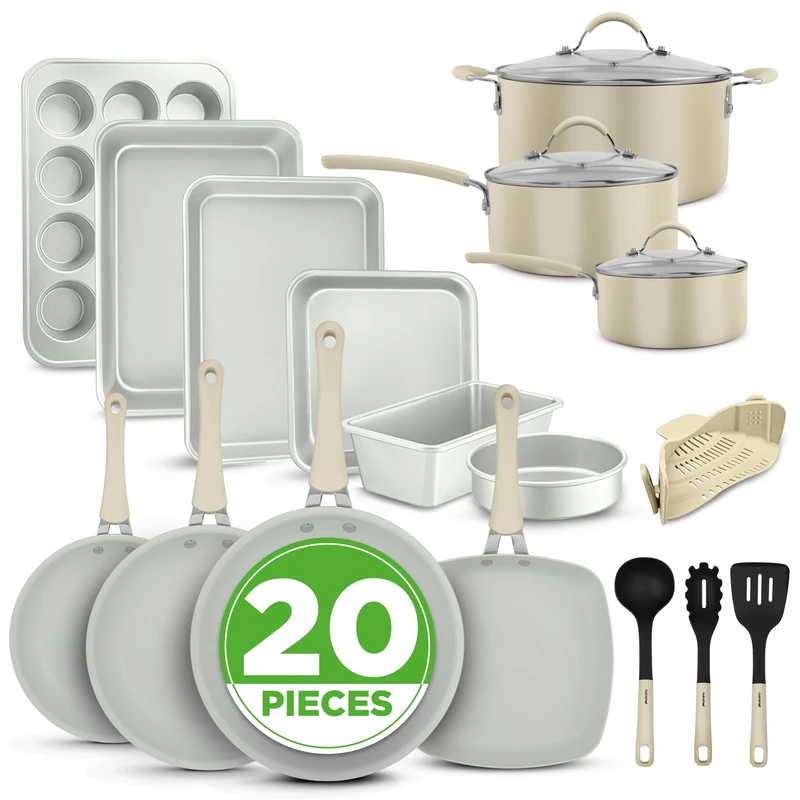 Nutrichef Pots and Pans Set, 20 Piece Bakeware and Cookware Set, Induction Hob Pots Set w/Lids, Non Stick Set, Heat Safe Silicone Handles, Saucepan, Frying Pans, Muffin Tin, Cookie Tray, Utensil-White