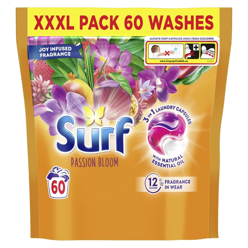 Surf 3 in 1 Passion Bloom Laundry Washing Detergent Capsules joy-infused fragrance with natural essential oil lasting up to 12 hours in wear for brilliantly clean results 60 washes