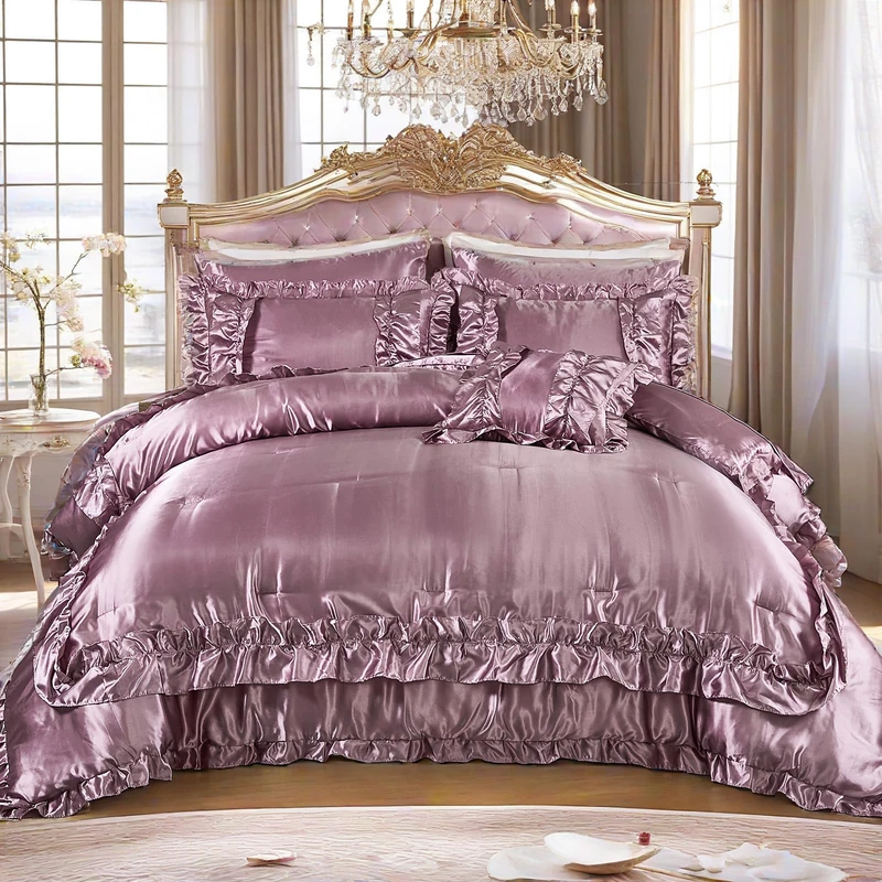 MOVE OVER Bean Paste Pink Comforter Set King Size 8 Pieces Silky Bed in a Bag Boho Chic Farmhouse Ruffle Comforter Bedding Set Luxurious Silk Like Satin Comforter Bedding Set for Bedroom Decor