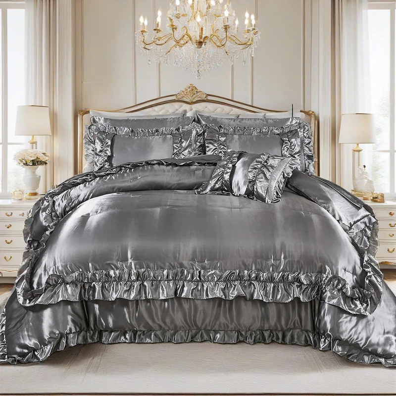 MOVE OVER Gray Satin Comforter Set King Size Light Gray Ruffle Comforter Set 8 Pieces Satin Bed in a Bag Farmhouse Shabby Chic Grey Ruffle Design Luxurious Silky Comforter Bedding Set