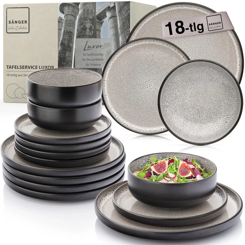 SÄNGER Luxor Stoneware Crockery Set 18 Pieces, Plate Set for 6 People, 6 x Dinner Plates, 6 x Cereal Bowls, 6 x Dessert Plates, Dinner Service Brown Beige Scratch-Resistant, Dinnerware Value