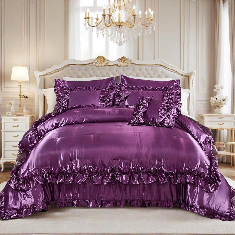 MOVE OVER Purple Satin Comforter Set King Size Purple Ruffle Bedding Set 8 Pieces Satin Bed in a Bag Farmhouse Shabby Chic Ruffle Design Silk Like Satin Comforter Sets