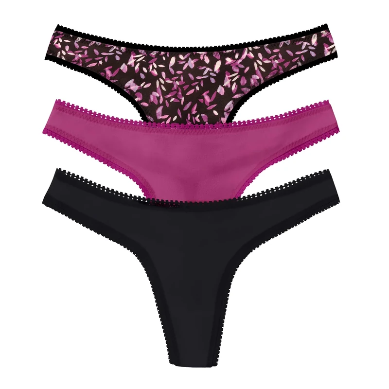 OnGossamer Women's Intimate Apparel Mesh Low-Rise Thong Panty, Black/Purple/Floral Print, L/XL - Image 1
