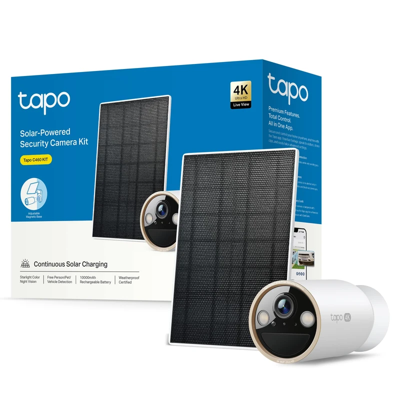 Tapo C460 KIT 4K 8MP Solar Surveillance Camera Outdoor Battery, Starlight Colour Night Vision, Dual Band WiFi, Magnetic Base, Encrypted MicroSD Recording, AI Detection, 10000 mAh Battery
