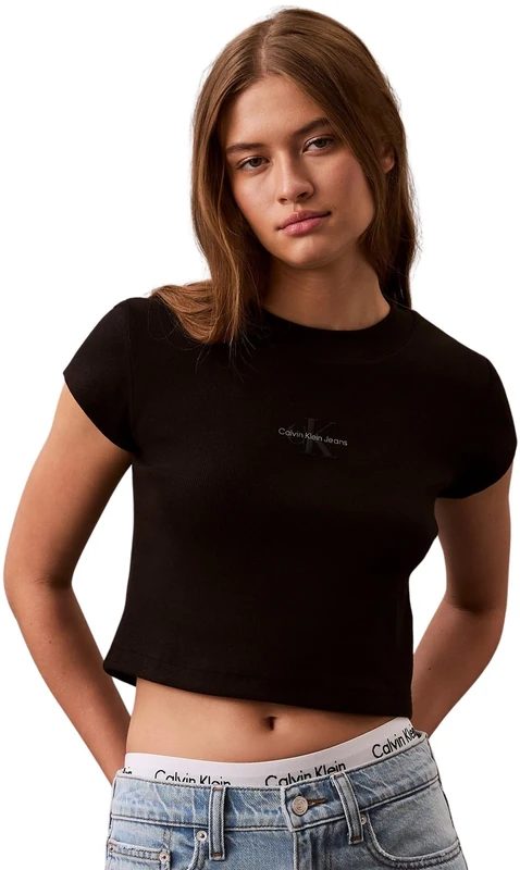 Calvin Klein Women's MONOLOGO Baby Rib TEE LV047AB802UB1003 Tees, Black, XS