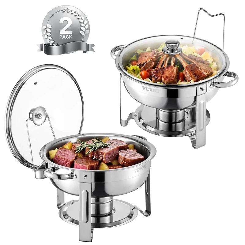 VEVOR Chafing Dish Buffet Set, 5 Qt 2 Pack, Stainless Steel Chafer with 2 Full Size Pan, Round Catering Warmer Server with Glass Lid Water Pan Folding Stand Fuel Holder, Wedding Party Banquet, Silver