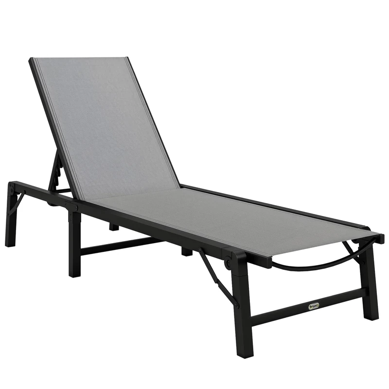 Outsunny Folding Sun Lounger, 5-Position Adjustable Bed, Light Grey