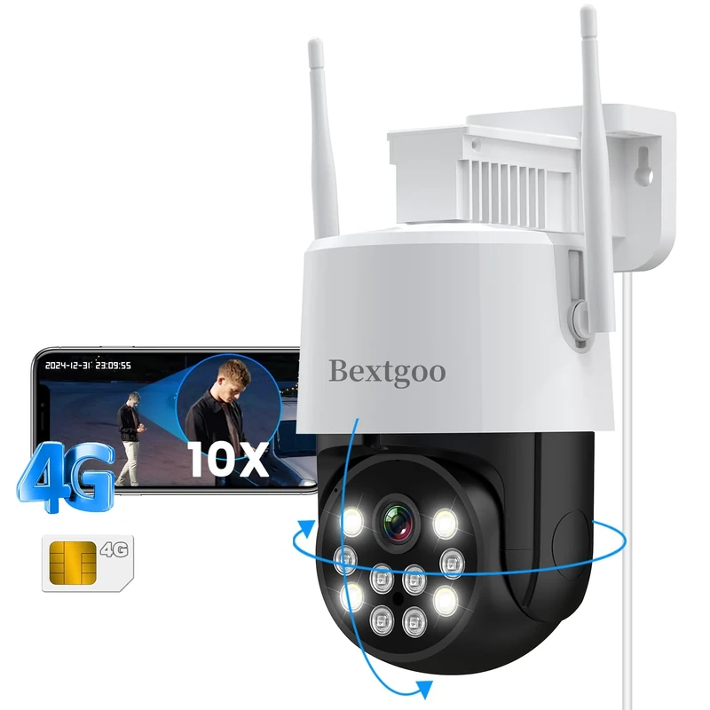 Bextgoo 2K No WiFi Security Camera with SIM Card, 4G LTE Cellular Security Camera Outdoor, 360° PTZ CCTV Camera with Auto Tracking, 24/7 Recording, AI Detection Alerts, Color Night Vision, IP66