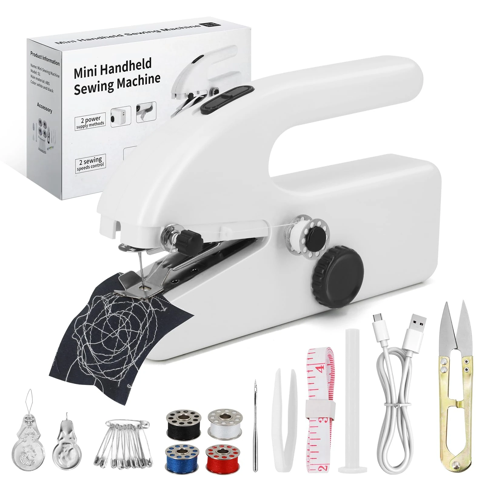 Handheld Sewing Machine - Mini Portable Electric Sewing Machine for Beginners, Easy to Use, Fast Stitch for Fabrics & Clothes, DIY, Home, and Travel, Compact & Lightweight (White)