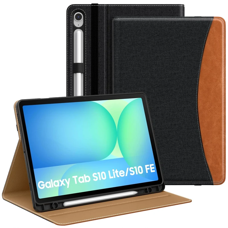 MoKo Case for Samsug Galaxy Tab S10 Lite/ S10 FE 2025/ S9 FE 10.9 inch/ S9 11 inch 2023 with S Pen Holder, PU Leather Multi-Angle Protective Cover for Galaxy S10 Lite with Hand Strap, Black & Brown