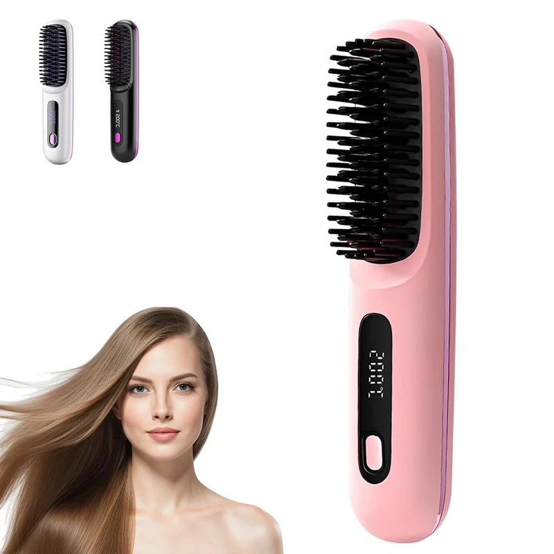 Go Brush Pro,Cordless Hair Straightener Brush,Portable Straightener Brushs for Hairs Styling,Rechargeable Heated Styling Brushes for Travel and Everyday Use,Hair-Friendly & Long-Lasting Design(Pink)