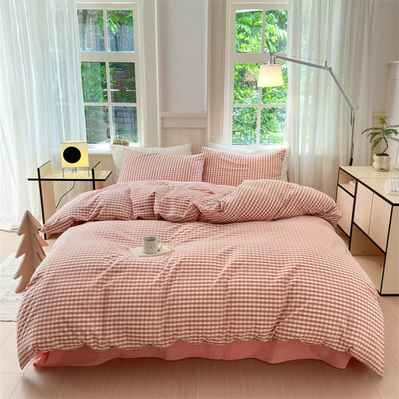 Mucalis Pink Gingham Duvet Cover King 100% Washed Cotton Brown Pink Plaid Checkered Duvet Cover Set Vintage 3 Piece Grid Bedding Set with Zipper Closure 4 Corner Ties,Durable,Breathable,Easy Care