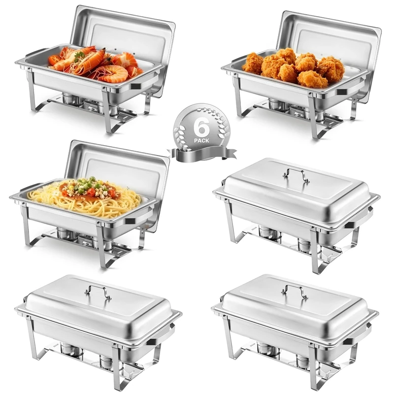 VEVOR Chafing Dish Buffet Set, 8 Qt 6 Pack, Stainless Steel Chafer with 6 Full Size Pans, Rectangle Catering Warmer Server with Lid Water Pan Stand Fuel Holder, for Weddings Parties Banquets, Silver