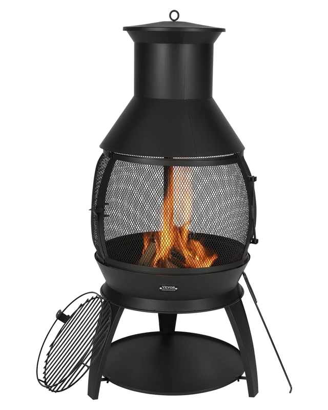 VEVOR Chiminea, 22 Inch Outdoor Wood Burning Firepit, Iron Spherical Fireplace for BBQ & Warming, Wooden Fire Pit with Grill Mesh, Chimney Coat & Rustproof Chiminea Lid, for Patio, Garden, Backyard