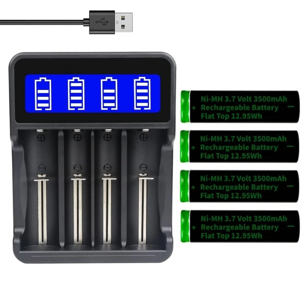 18650 Battery Charger with 4 Pack Ni-MH 3.7V 3500mAh Flat Top Rechargeable Battery, 4 Bay LCD Display Smart Universal USB Dual Battery Chargers for 18650 18500 21700 26650 14500 16340 Batteries, Boxed