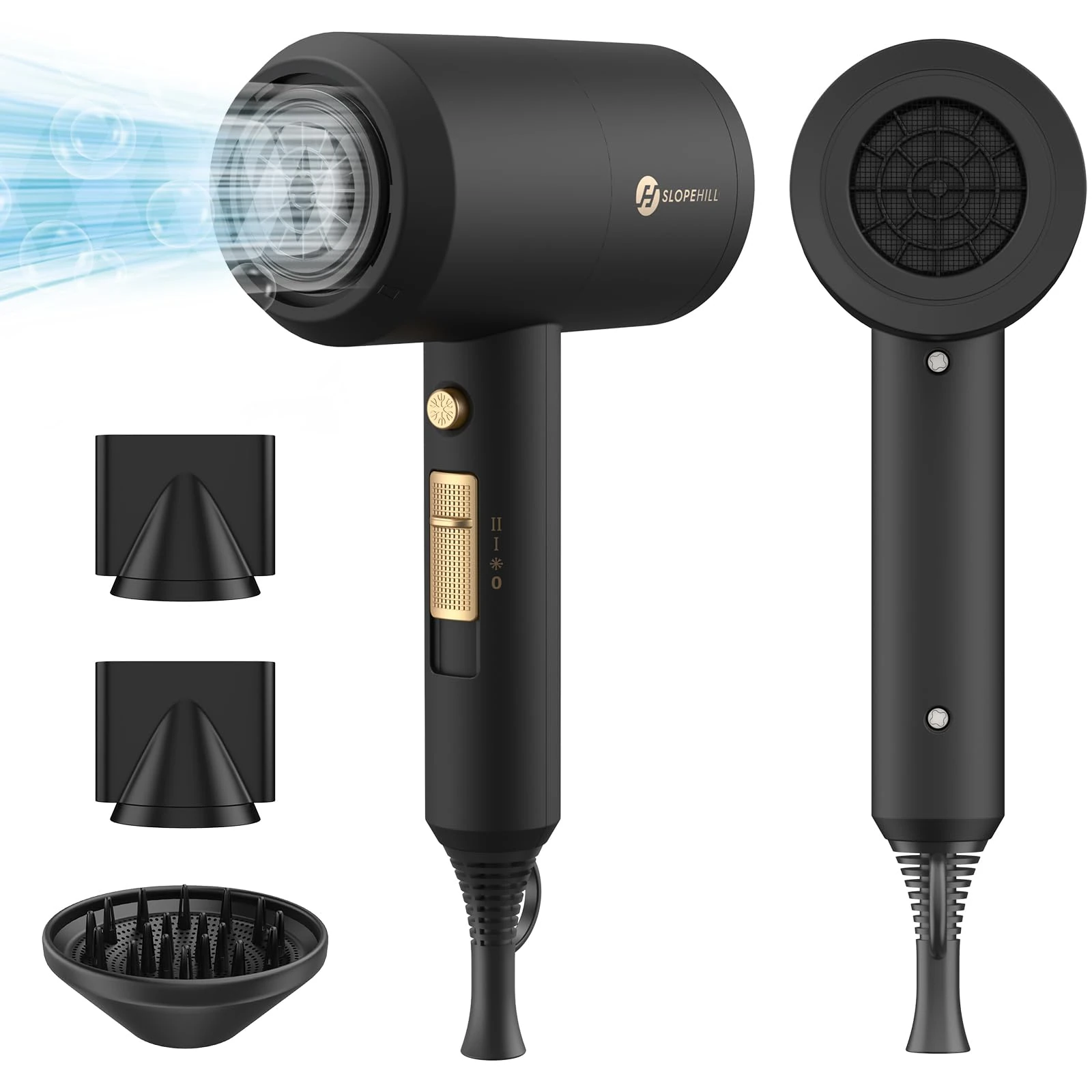 Ionic Hair Dryer AC Motor 1800 Watt, slopehill Quick Dry fon, Salon with Hot and Cold Buttons, 3 Concentrators and Diffusers