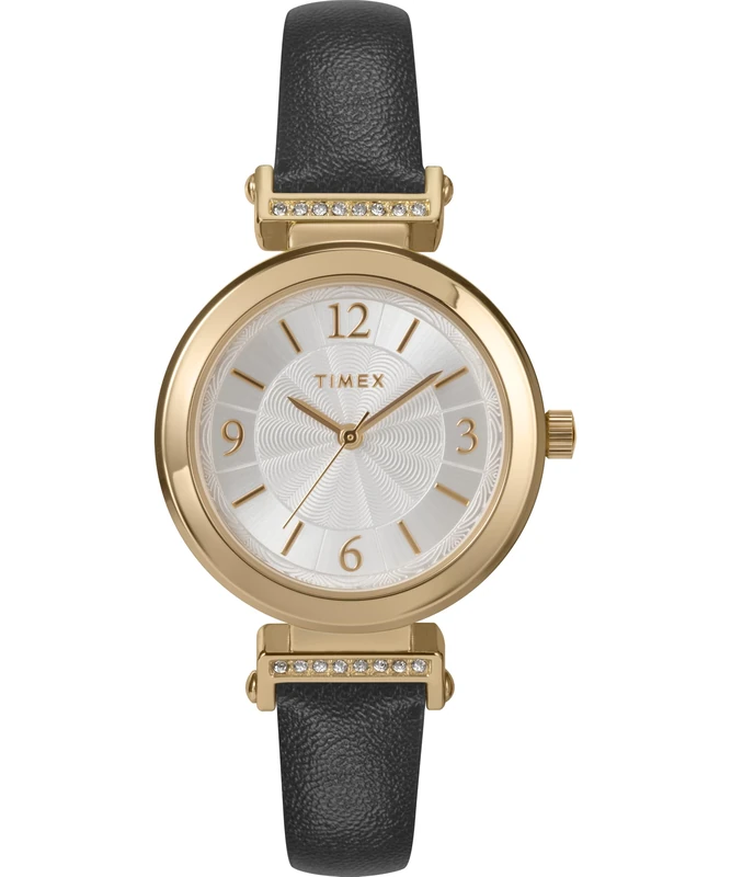 Timex Women's Main Street 31 mm Watch, Black Leather Strap Silver-Tone Dial Gold-Tone Case TW2W96400