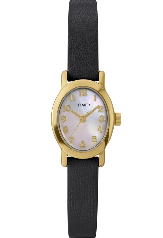Timex Women's Main Street 18 mm Watch, Black Leather Strap Mother of Pearl Dial Gold-Tone Case TW2W82600