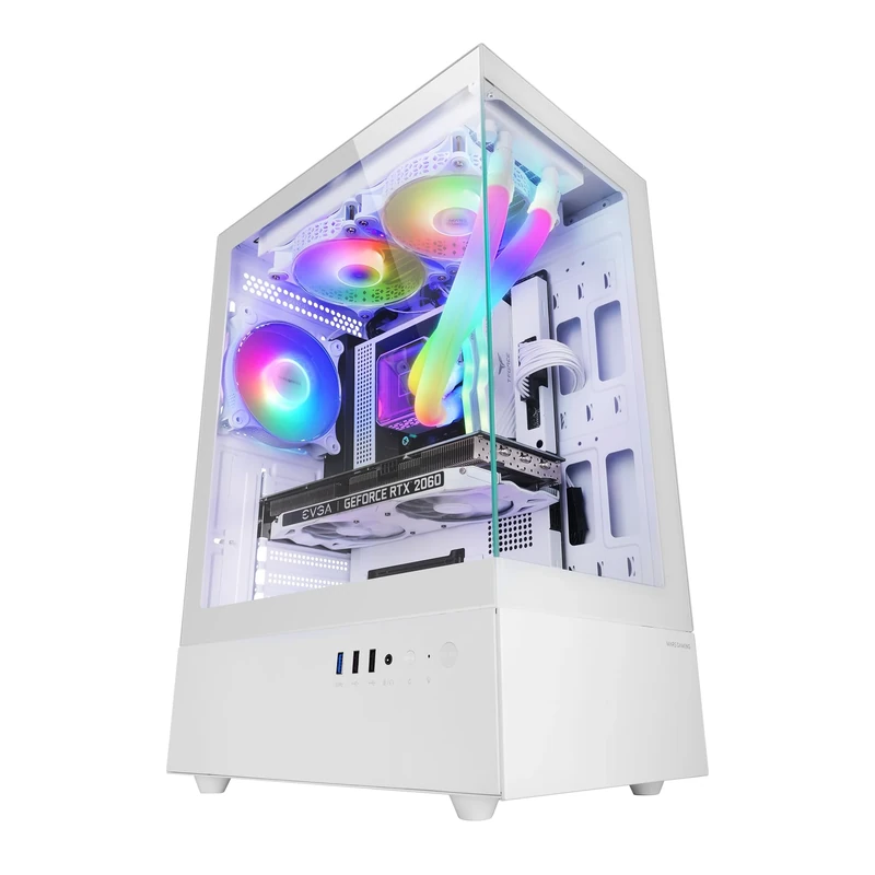 MARS GAMING MC-XO, Gaming ATX Case, Dual Frameless Tempered Glass at 90°, 12cm FRGB Fan, SIDECOOL Cooling System, Mid-Tower PC with Dual-Chamber Design, Large Internal Capacity, White