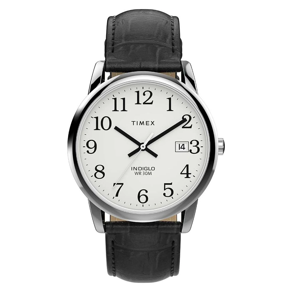 Timex Men's Easy Reader 35 mm Watch, Black Leather Strap White Dial Silver-Tone Case TW2W95400