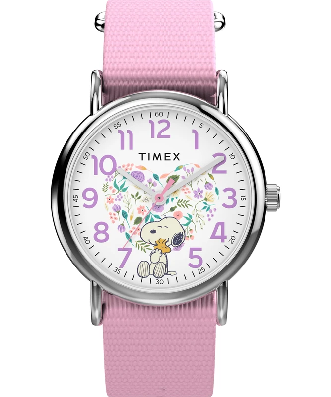 Timex Women's Peanuts 38 mm Watch, Pink Fabric Strap Single Layer White Dial Silver-Tone Case TW2Y30900 - Image 1