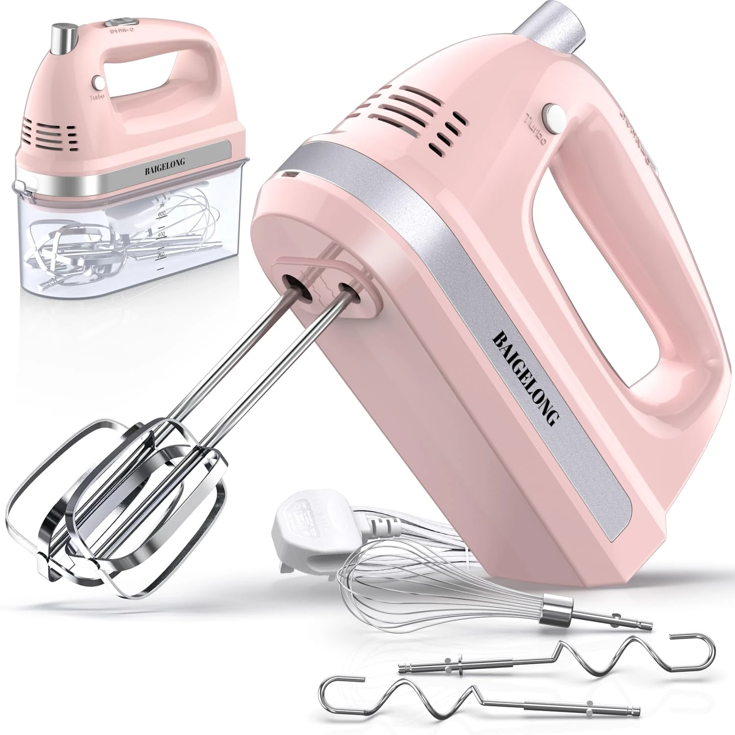 BAIGELONG Hand Electric Mixer, 300W Ultra Power Food Kitchen Mixer with 5 Self-Control Speeds + Turbo Boost, 5 Stainless Steel Attachments Handheld Blender for Baking, PINK