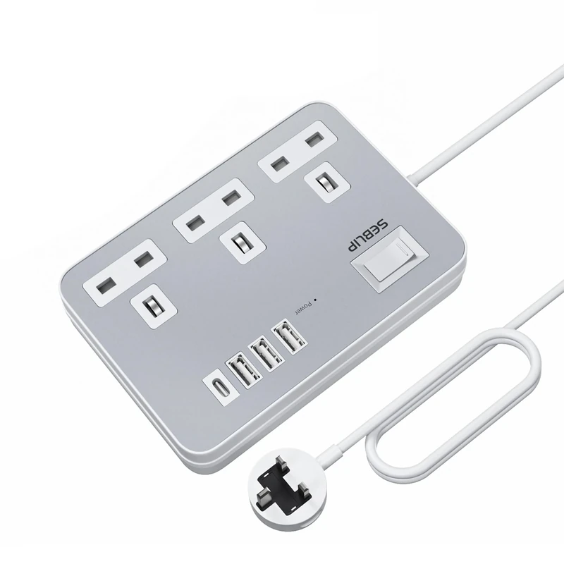 SEBLIP 1m White Extension Lead with USB Sockets, Modern Indoor Extension Cord with Power Switch, 3 Sockets and 4 USB Ports (Silvery White, 100cm/39inch)