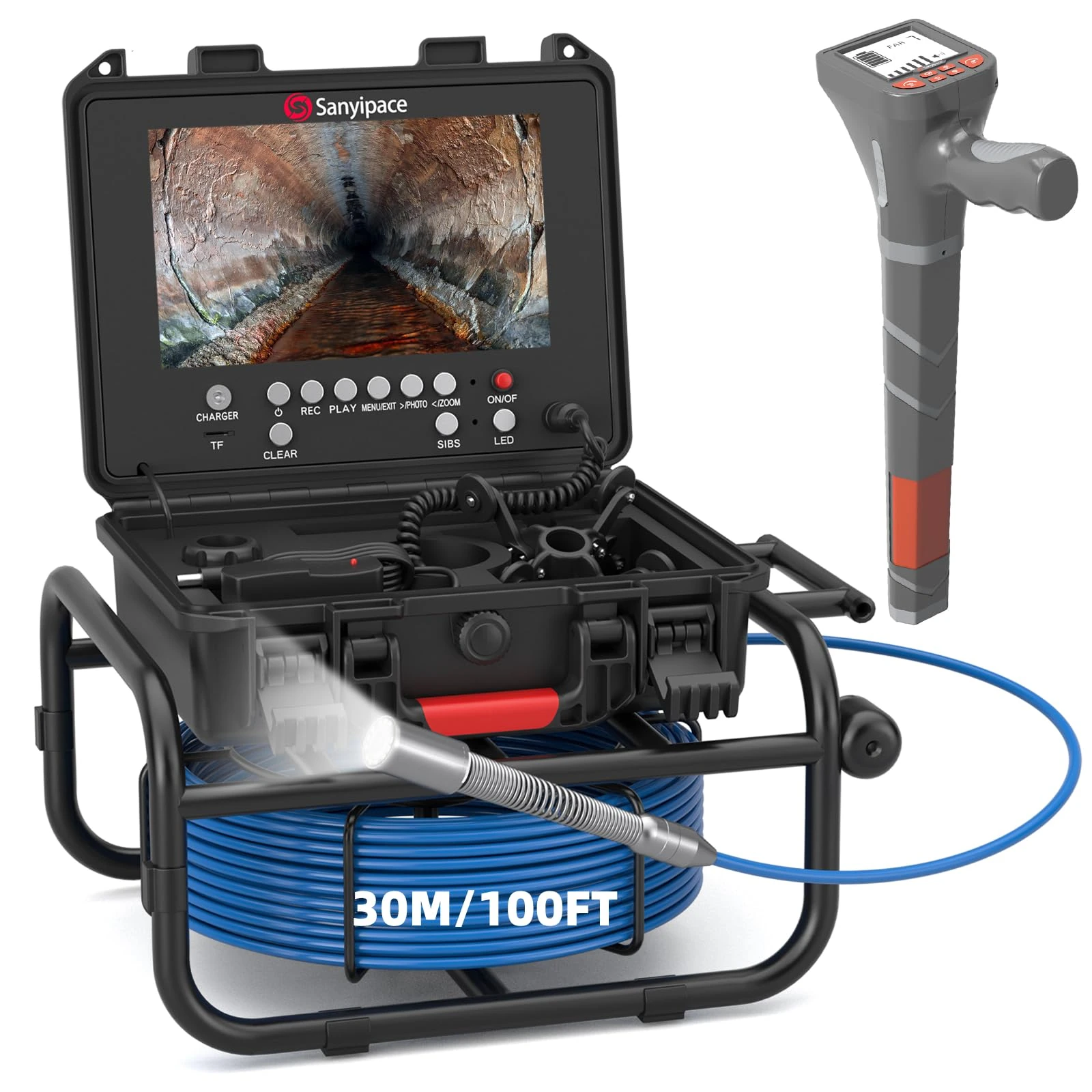 Drain Camera 30m and 512Hz Pipe Locator Set, Sanyipace Video & Voice Sewer Inspection Camera with 512Hz Transmitter & Self-Leveling, 9" HD Pipe Industrial Endoscope with Distance Counter, 5X Zoom
