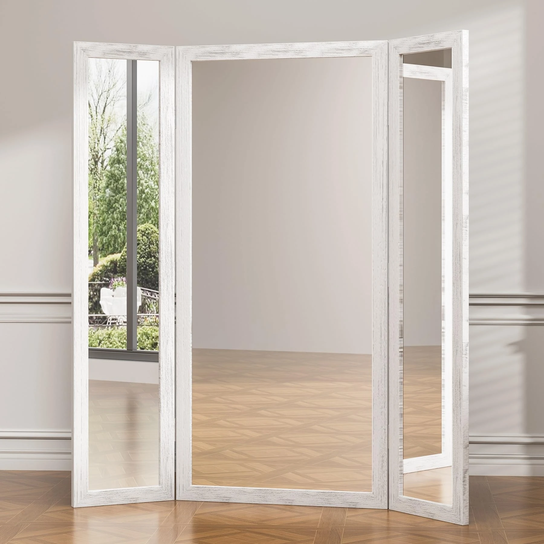 3 Way Full Length Trifold Mirror with Tempered Glass, 3 Panel Oversized Extra Large Free Standing Mirror with Rustic Wood Frame, for Wedding Dress/Clothing Shop/Bedroom/Closet, 71"x67", RusticWhite