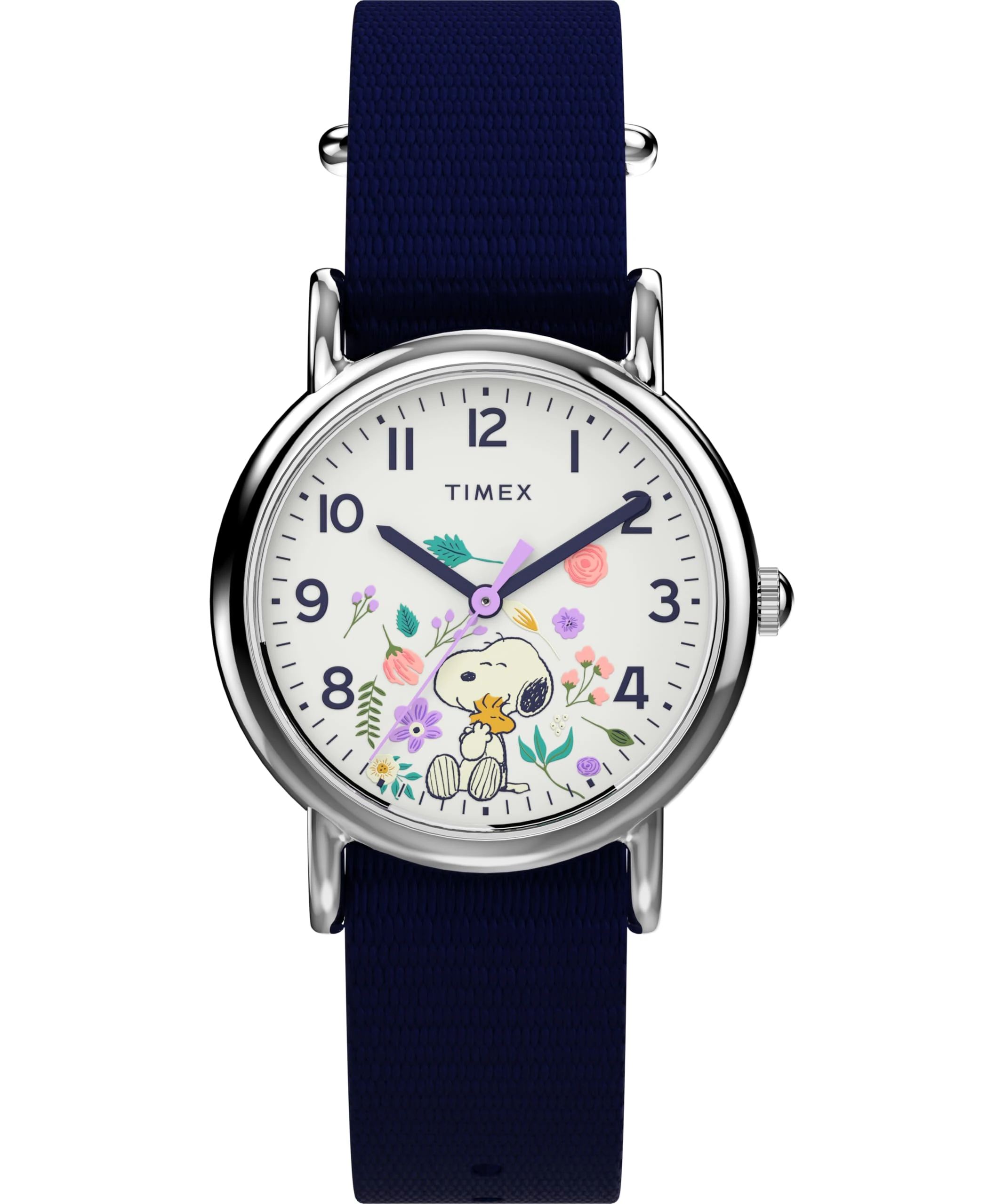 Timex Men's Peanuts 31 mm Watch, Blue Fabric Strap Single Layer White Dial Silver-Tone Case TW2Y30800