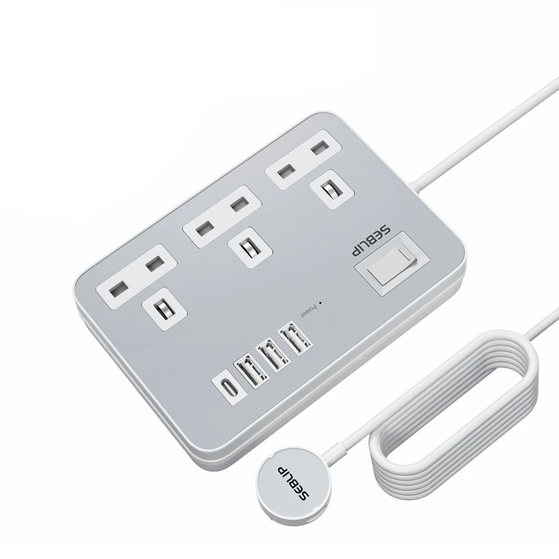 SEBLIP 3m White Extension Lead with USB Sockets, Modern Indoor Extension Cord with Power Switch, 3 Sockets and 4 USB Ports (Silvery White, 300cm/118inch)