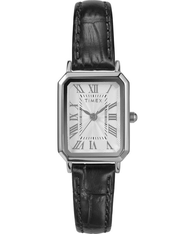 Timex Women's Trend 21 mm Watch, Black Leather Strap White Dial Silver-Tone Case TW2Y00800