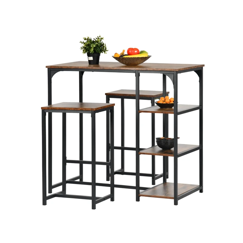 FurnitureR Dining Table with 2 Barchairs, 3 Piece Bar Set, 100cm Kitchen Table- 90CM Height, 2 Stools(40x30x65CM) Each,Vintage Wooden Top & Black Metal Frame, Rustic Brown and Black