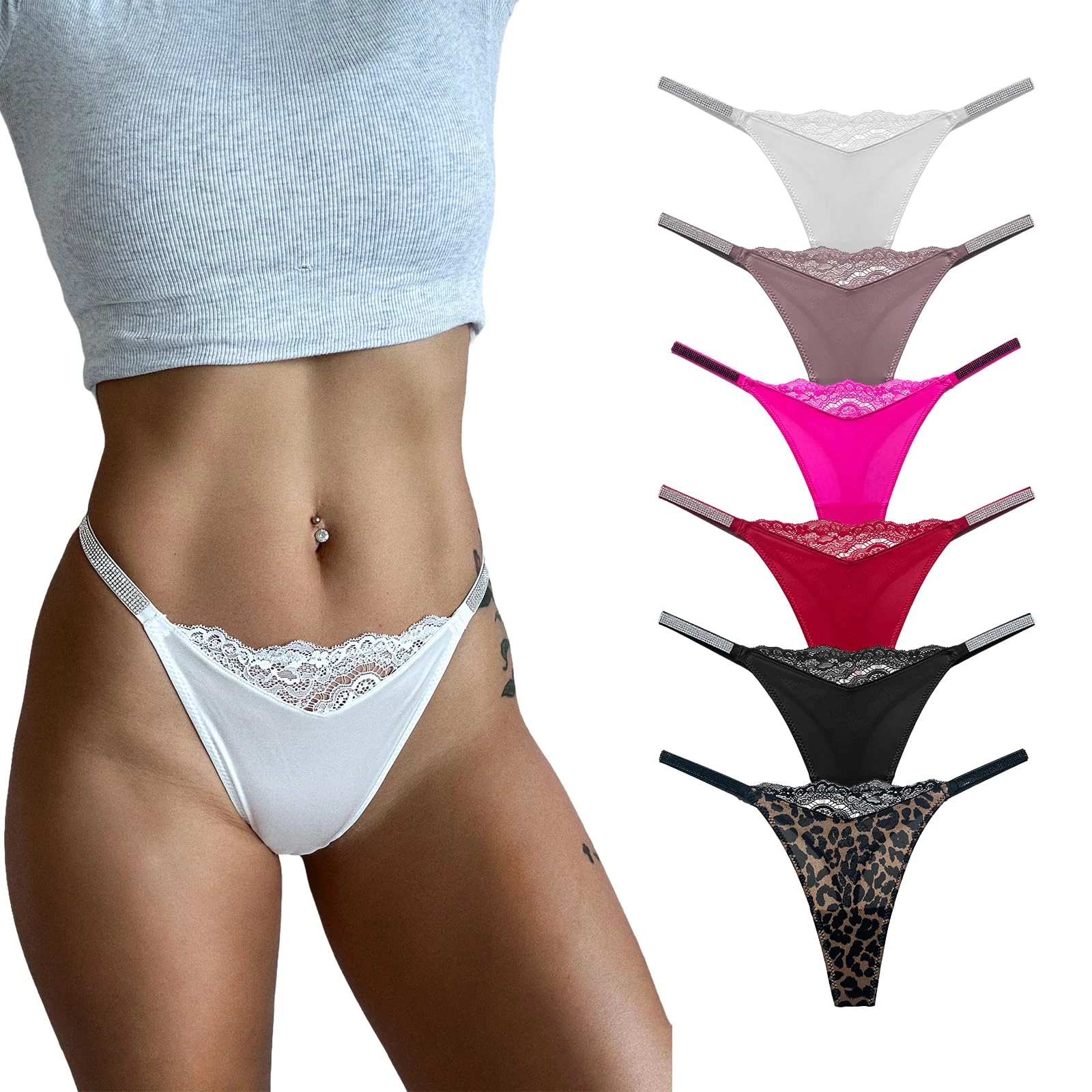 4UFIT Women's Rhinestone Thongs Sexy Low Waist High Cut Bikini Underwear Hipster Lace T Back Panties 3-6 Pack, 6 Pack, XL