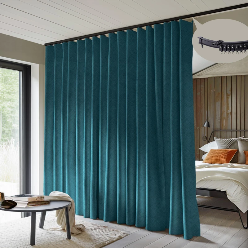 MaKefeile Room Divider Curtains with Flexible Ceiling Curtain Tracks Set,100% Blackout Floor to Ceiling Curtains Patio Sliding Door Curtains (Azure Blue Drape & Black Rail W 8.3 × H 8 FT)