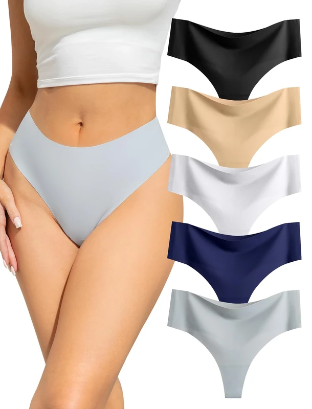 VOENXE Seamless Women Underwear Thongs,High Waisted No Vpl Knickers,Invisible Ladies Panties Multipack,No Show Breathable Comfy Pants,High Rise Female Gym String,Seam Free Soft Workout Tanga,5 Pack
