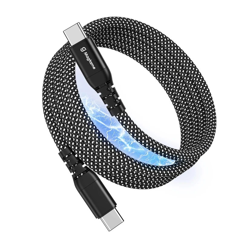 Magtame Magnetic USB C Cable, Elastic Coiled C to C Leads 60W(3A), 1.5M/5FT Retractable USBC Cord, Nylon Braided Type C Fast Charging Cables Compatible with iPhone 16,for Samsung