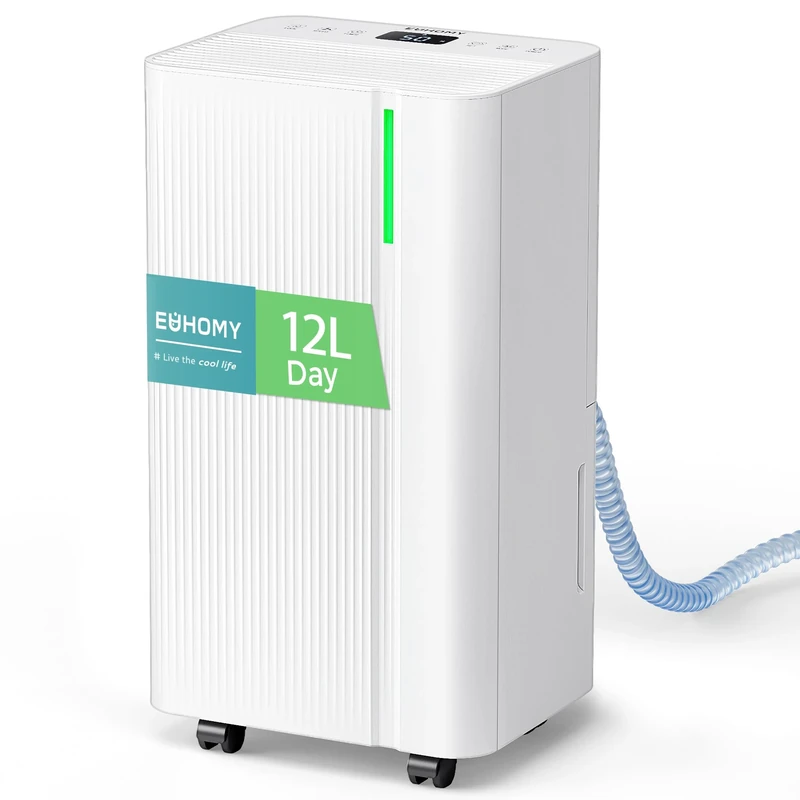 EUHOMY 12L/Day Dehumidifiers for Home, Smart Electric Dehumidifier for Drying Clothes, Low Energy & Ultra-quiet, with Auto-Defrost & Humidity Sensor, 24-Timer, Continuous Drain