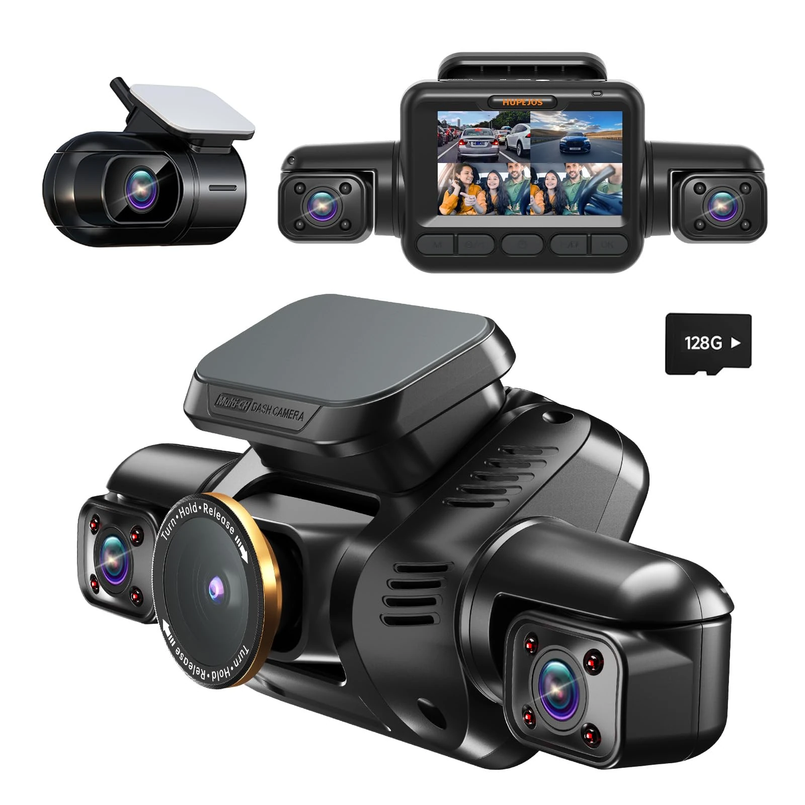 AI Dash Cam Front Rear Inside with Driver Monitor System, 360° Car Camera 4K, 4 Channel Camera for Cars Built-in WiFi GPS, Dashcam with 128GB SD Card, Night Vision, 24H Parking Mode, Upgrade DMS V8Pro