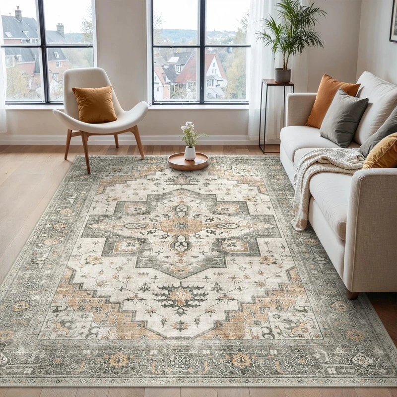 BEIMO Washable Rugs Living Room 150x210CM, Vintage Area Rugs for Bedroom Soft Short Pile, Machine Washable Rug Non-Slip Large Rugs for Living Room, Dining Room,Light Taupe