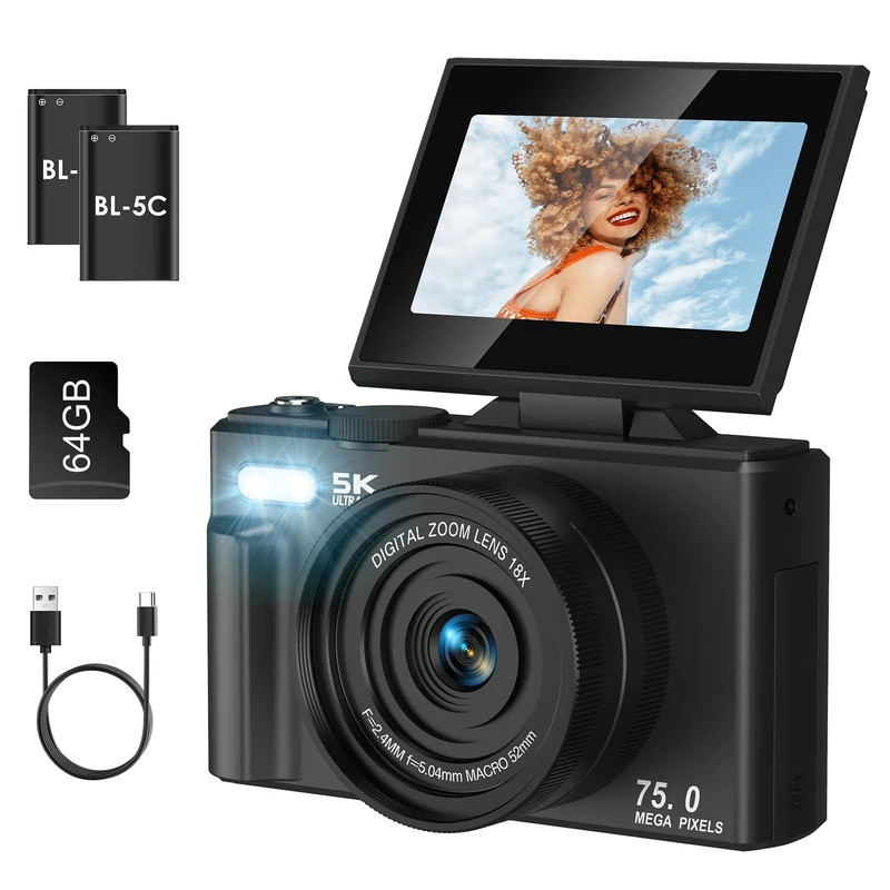 SOPPY 5K Digital Camera with WiFi Transfer, 75MP Vlogging, 18X Zoom & 3" Flip Screen, Auto Focus YouTube Camera, 64GB SD Card Included, Compact for Kids, Teens & Beginners, Black