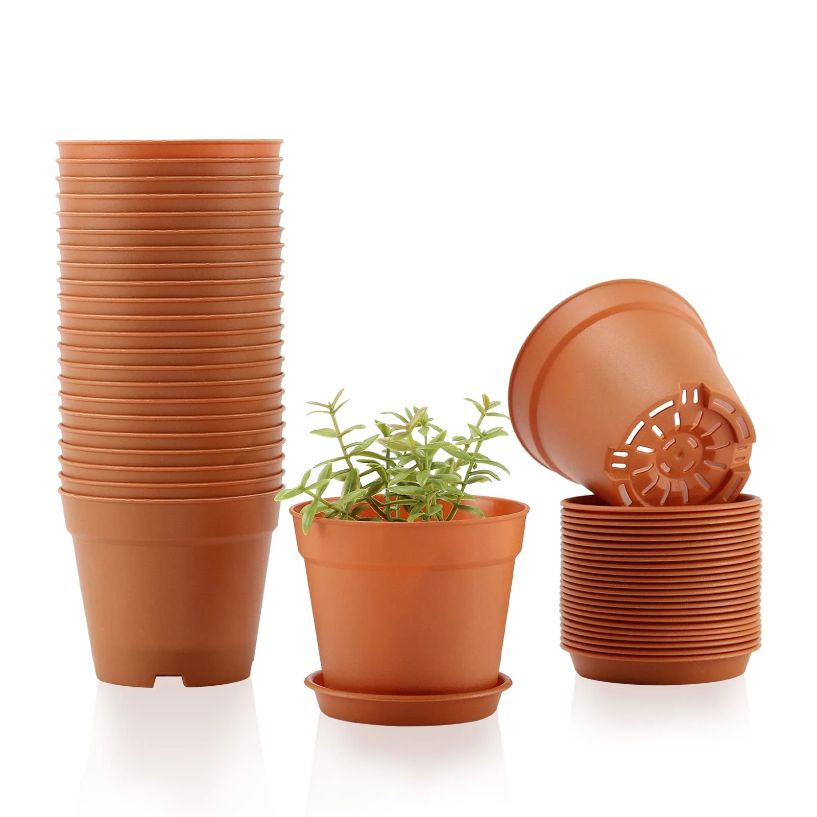 FORAGIFT 10cm Small Plant Pots, 24 Pack Plastic Herb Pot with Drainage Hole and Tray, Seed Seedling Pots Flower Nursery Pots for Vegetables, Flowers, Cactus, Cuttings, Succulent, Terracotta