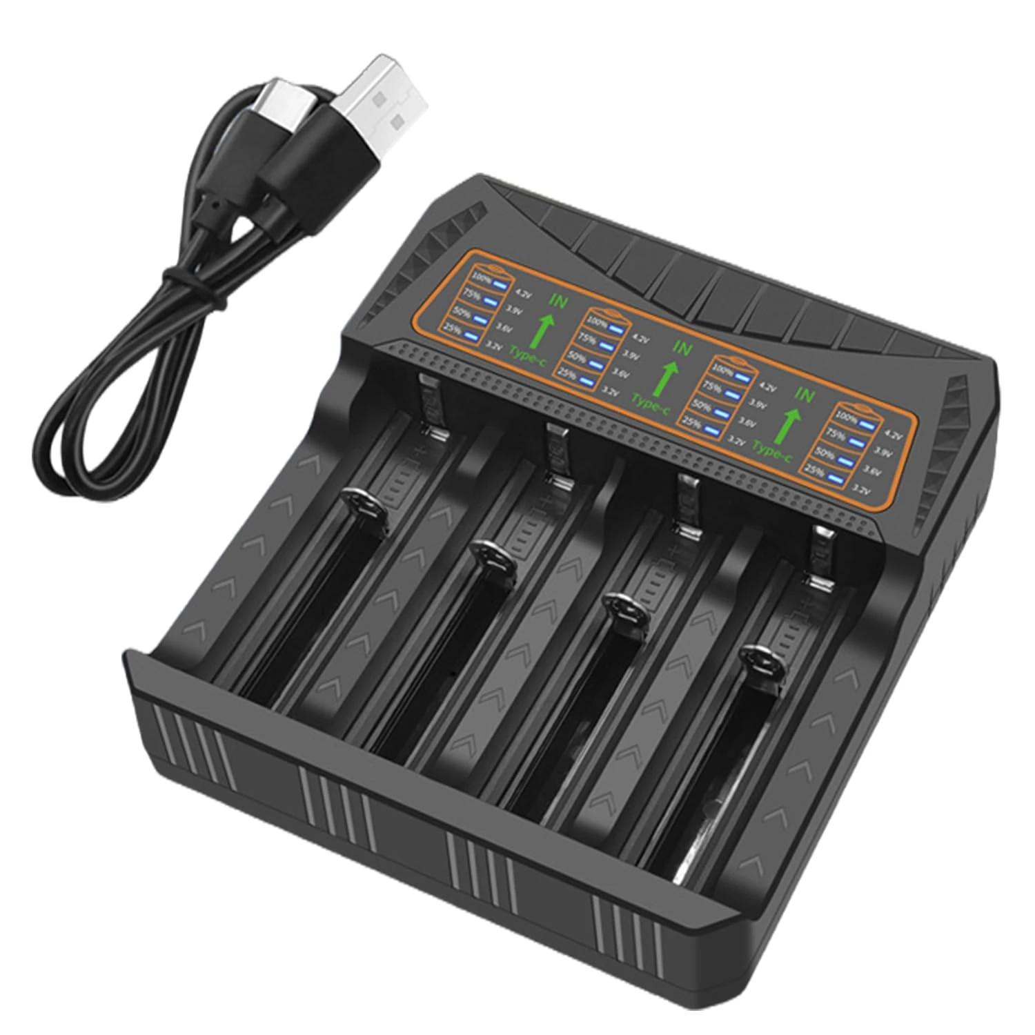 18650 Battery Charger – Universal 4-Slot Smart Charger for Rechargeable Lithium & NiMH Batteries – LED Indicator Display – USB Charging for 3.7V, 21700 14500 16340 18650 26650 18500 10440 18490& More