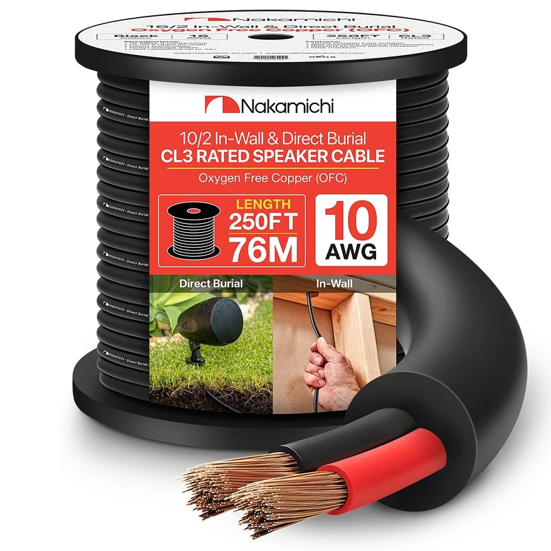 Nakamichi 10/2 250ft 10AWG Burial OFC Speaker Cable - UL CL3 Black