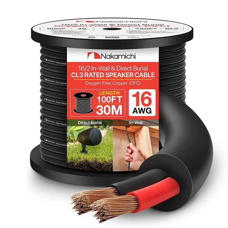 Nakamichi 16/2 (100-Foot) In-Wall & Direct Burial (UL CL2 CL3 Rated) 99.9% Oxygen-Free Copper (OFC) 2-Conductor Speaker Cable Wire, Outdoor In Ground, In Ceiling, Black (16AWG / 100ft / 30.48m)