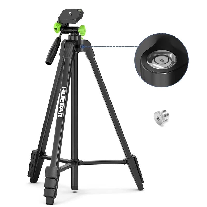Huepar 60-Inch Portable Lightweight Adjustable Laser Level Tripod with 3-Way Swivel Pan Head, 2 Bubble Levels, 1/4" and 5/8" Thread Mount for Varieties Tools, Only for Indoor Basic Work