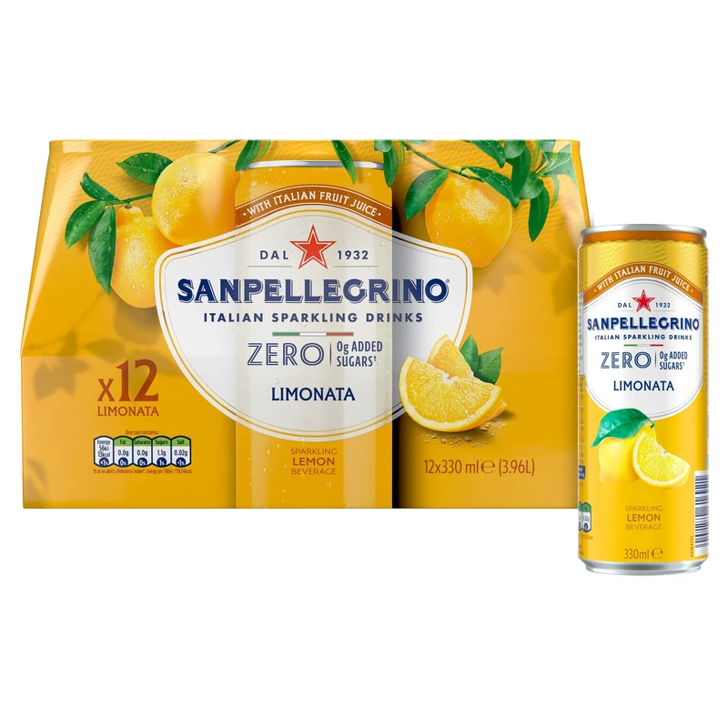 San Pellegrino Italian Sparkling Drinks Zero Sparkling Lemon Canned Soft Drink 12 x 330ml | 21kCals per can